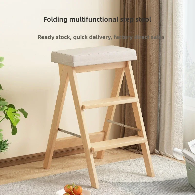 Bamboo Ladder Stool Home Kitchen Folding Ladder Chair Multi-functional Pedal Bar Stool Three-step Ladder Indoor Flower Rack