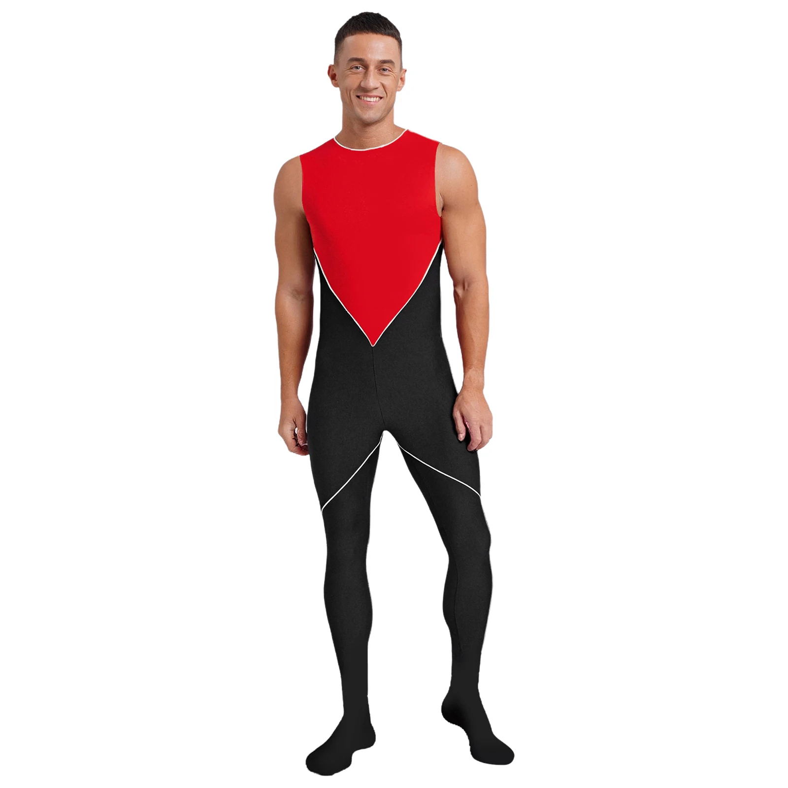

Men Jumpsuit Gymnastics Latin Dance Costume Sleeveless Back Invisible Zipper Full Body Leotard for Dance Performance Competition