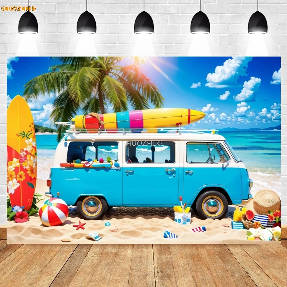 Verão havaí pano de fundo praia tropical prancha havaiana oceano beira-mar palmeira luau aloha festa de férias fotografia fundo
