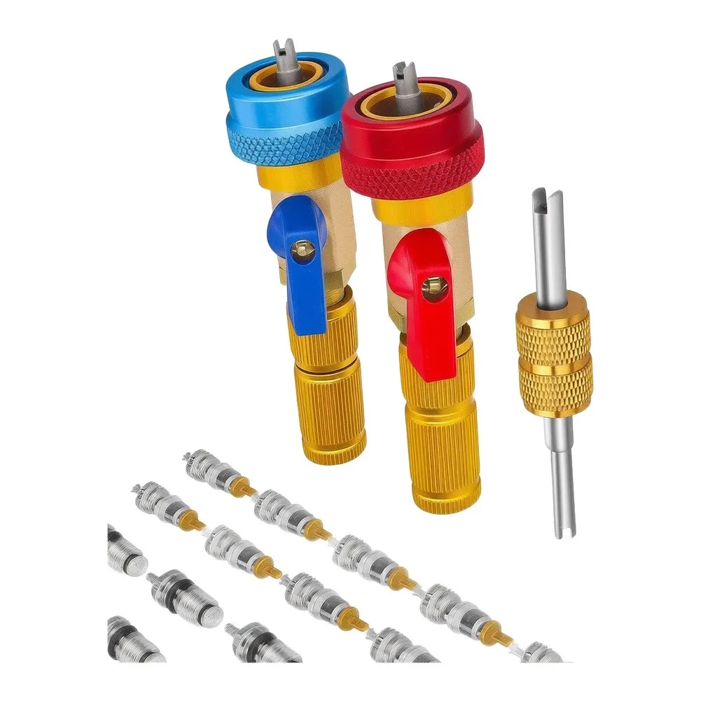 R134a Valve Core Removal Tool Set Brass High Low Pressure AC Repair Kit With Dual Head Wrench And Replacement Cores For Car Air