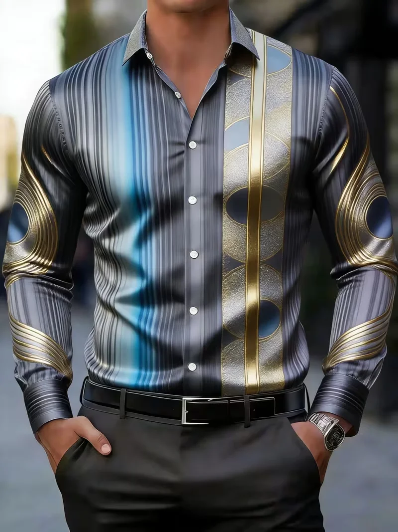 New style dark green black line geometric stripe 3D printed long sleeved shirt smooth satin lapel men's top clothing