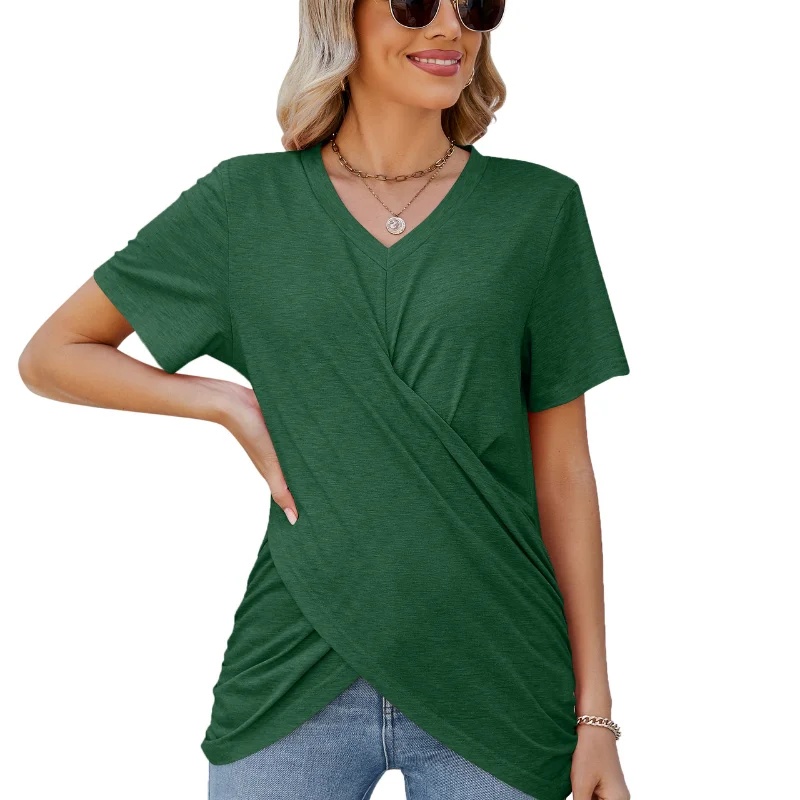 

2023 New Women's Clothing Summer V-Neck Solid Color Short Sleeve Office Lady Loose Streetwear All-match England Edgy T-shirt