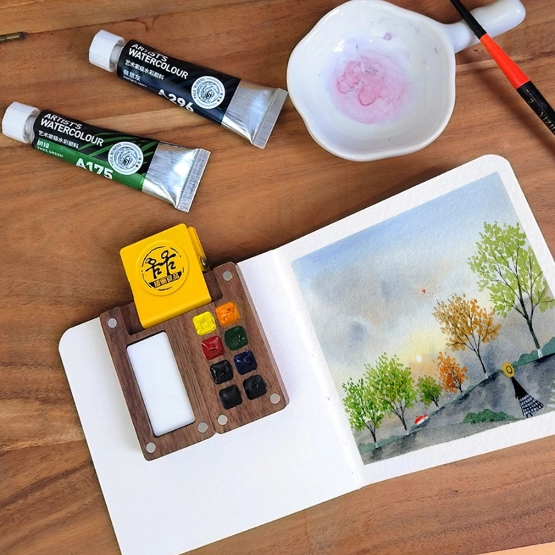 Portable Mini Walnut Paint Box 8 Colors Master Solid Watercolor Paint Set Travel Sketch Pigment Artist Drawing Art Supplies