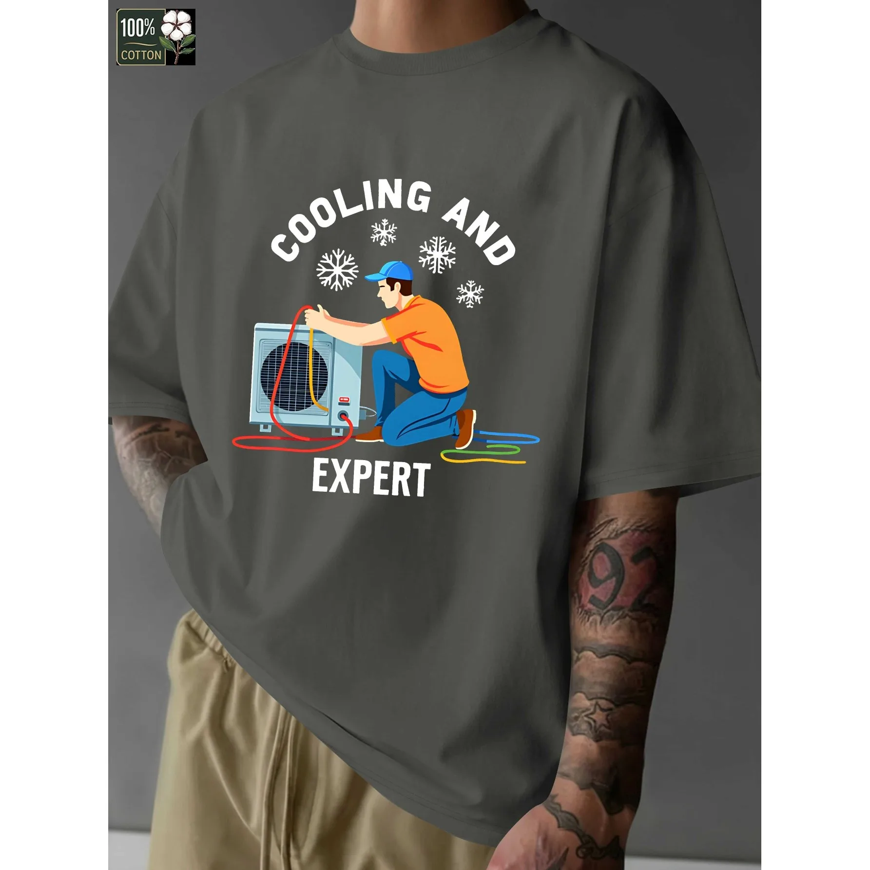 HVAC Repairman Cooling Expert Graphic Oversize Cotton T-Shirt for Men Daily Wear