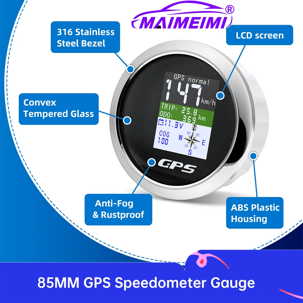 

85mm Speedometer GPS Odometer Adjustable Trip ODO COG Voltmeter TFT Screen Speed Gauges For Motor Yacht Boat Car