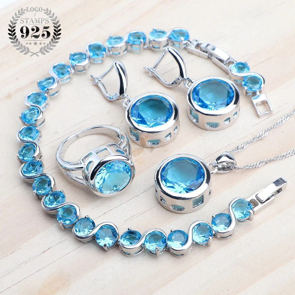 Bridal Women Blue Zircon Jewelry Sets Silver 925 Women Wedding Jewelry Charms Rings Bracelets Earrings Set Pendant Necklace