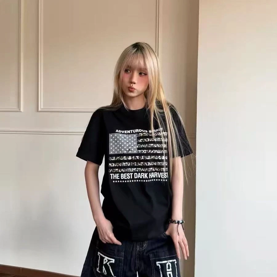 Unisex Retro American Flag Graphic T‑Shirt The Best Dark Harvest Slogan Print Short Sleeve Tee Y2K Streetwear Loose Casual Tops