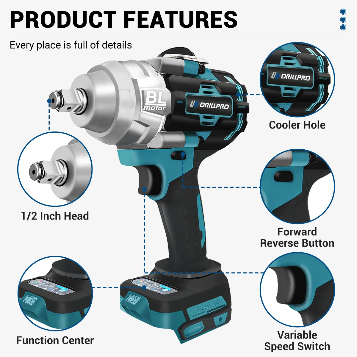 Drillpro 1000N.m Chave de impacto elétrica sem escova 1/2 POLEGADAS Chave portátil sem fio para rodas de carro Ferramenta elétrica para bateria Makita