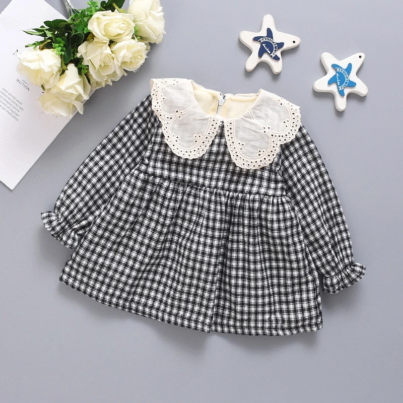 

New Black Checkered Long Sleeved Baby Girl Dress For Autumn And Winter, White Baby Collar Children'S Clothing For 6-24 Months
