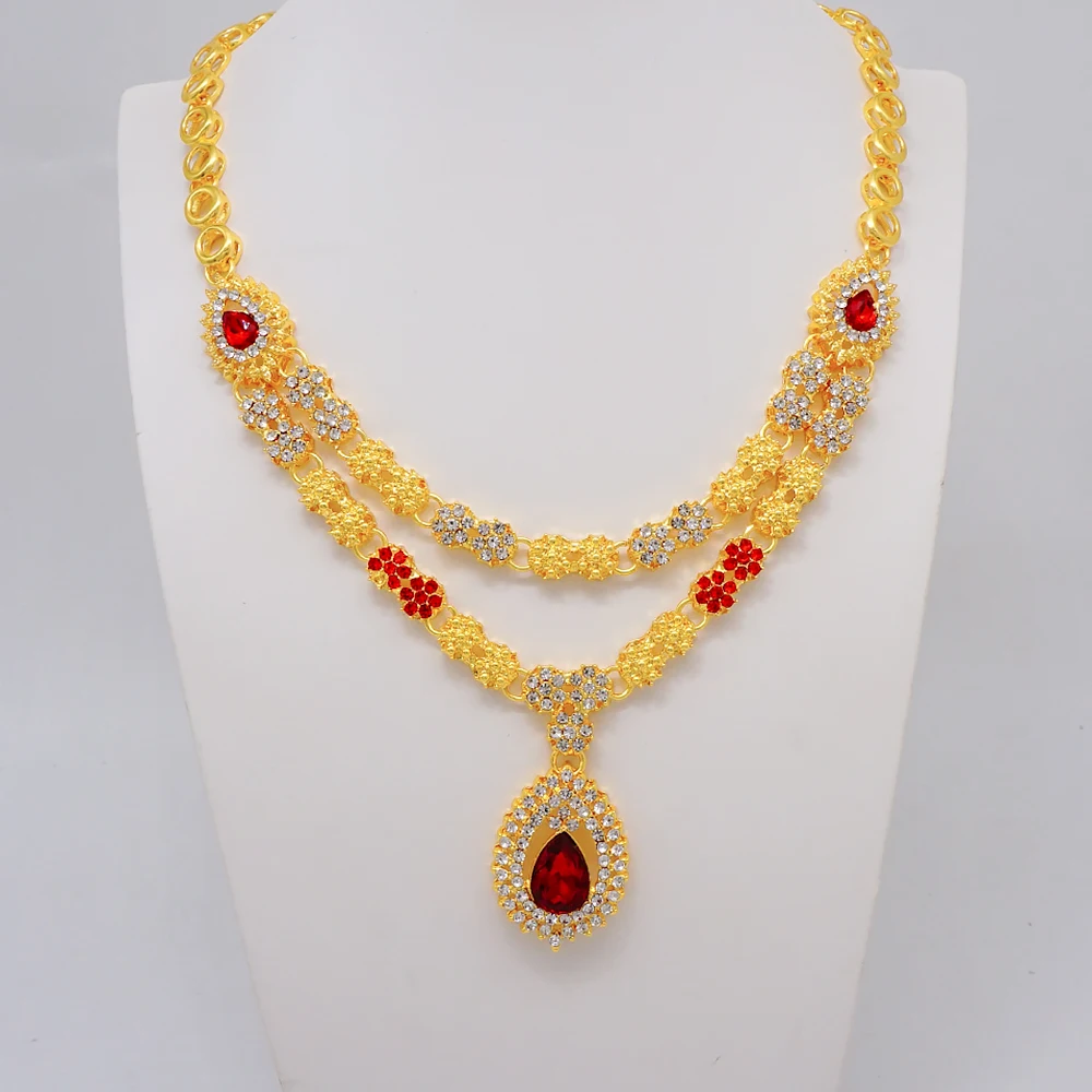 Luxus Dubai Gold Farbe Doppels chicht Halskette Schmuck Sets für Frauen afrikanischen Wasser tropfen Kristalls chmuck indischen Set Geschenke – Detail 2