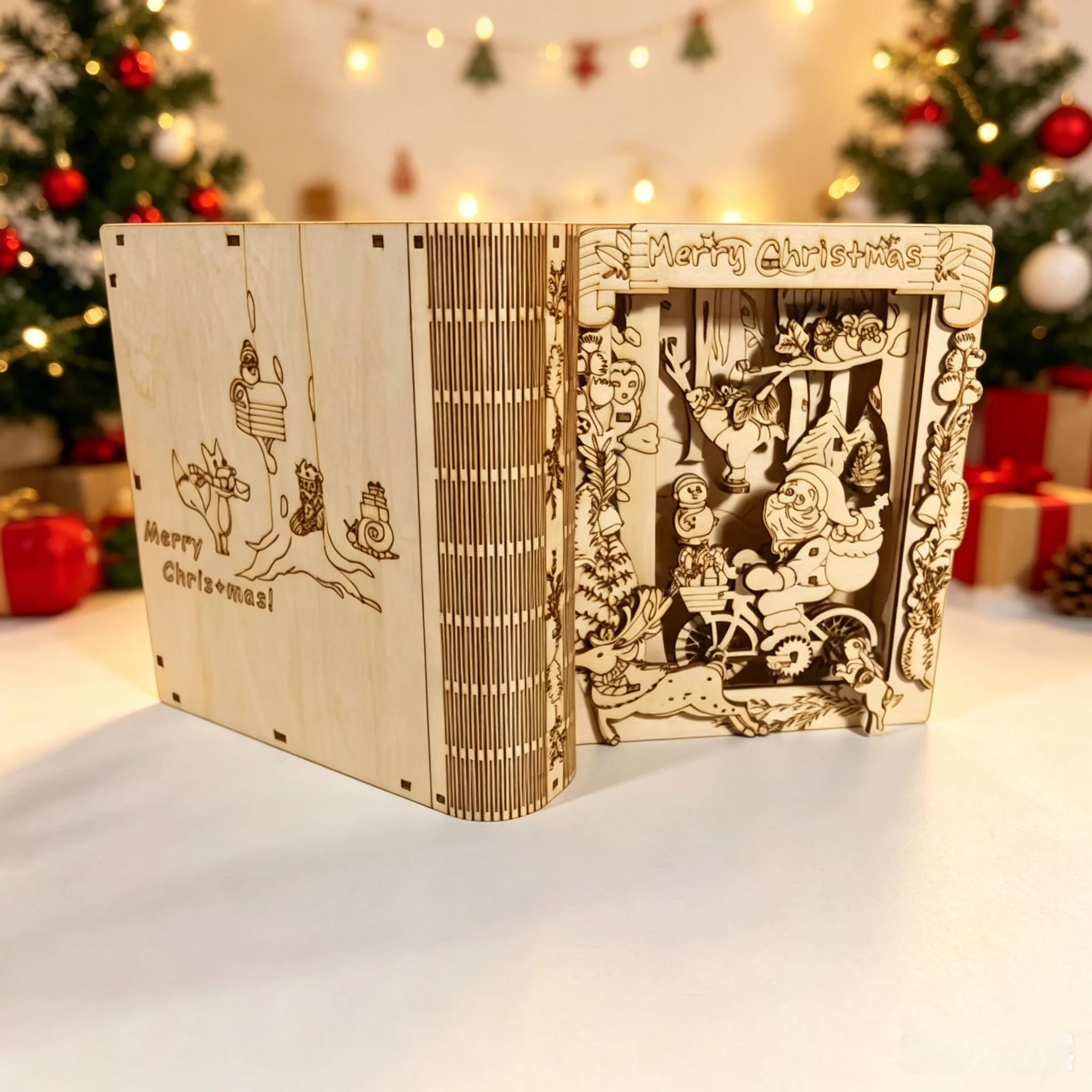 Christmas-themed 3D wooden book ornament, DIY assembly kit, featuring all the classic Christmas elements—perfect as a gift