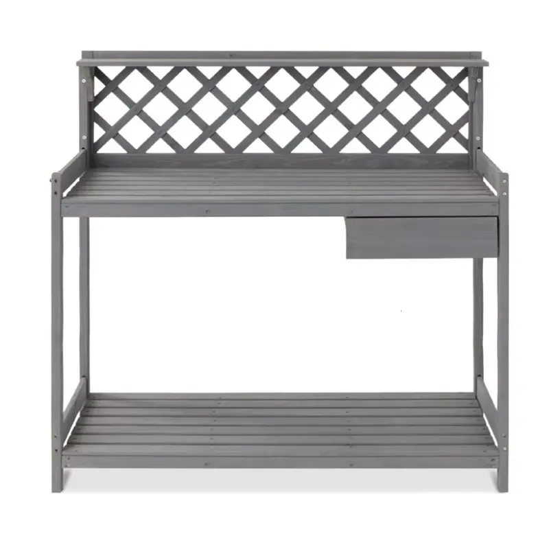 Durable Grey Wooden Potting Bench Outdoor Garden Workstation Table with Storage Drawer and Shelf
