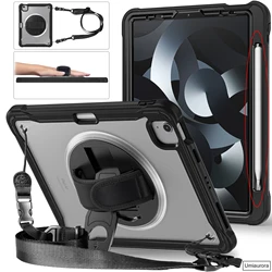 For IPad Pro 11 12.9 13 inch M2 M4 2024 Air 4 5 10.9 Mini6 Shockproof Armor Tablet Cover Rotation Hand Shoulder Strap Stand Case