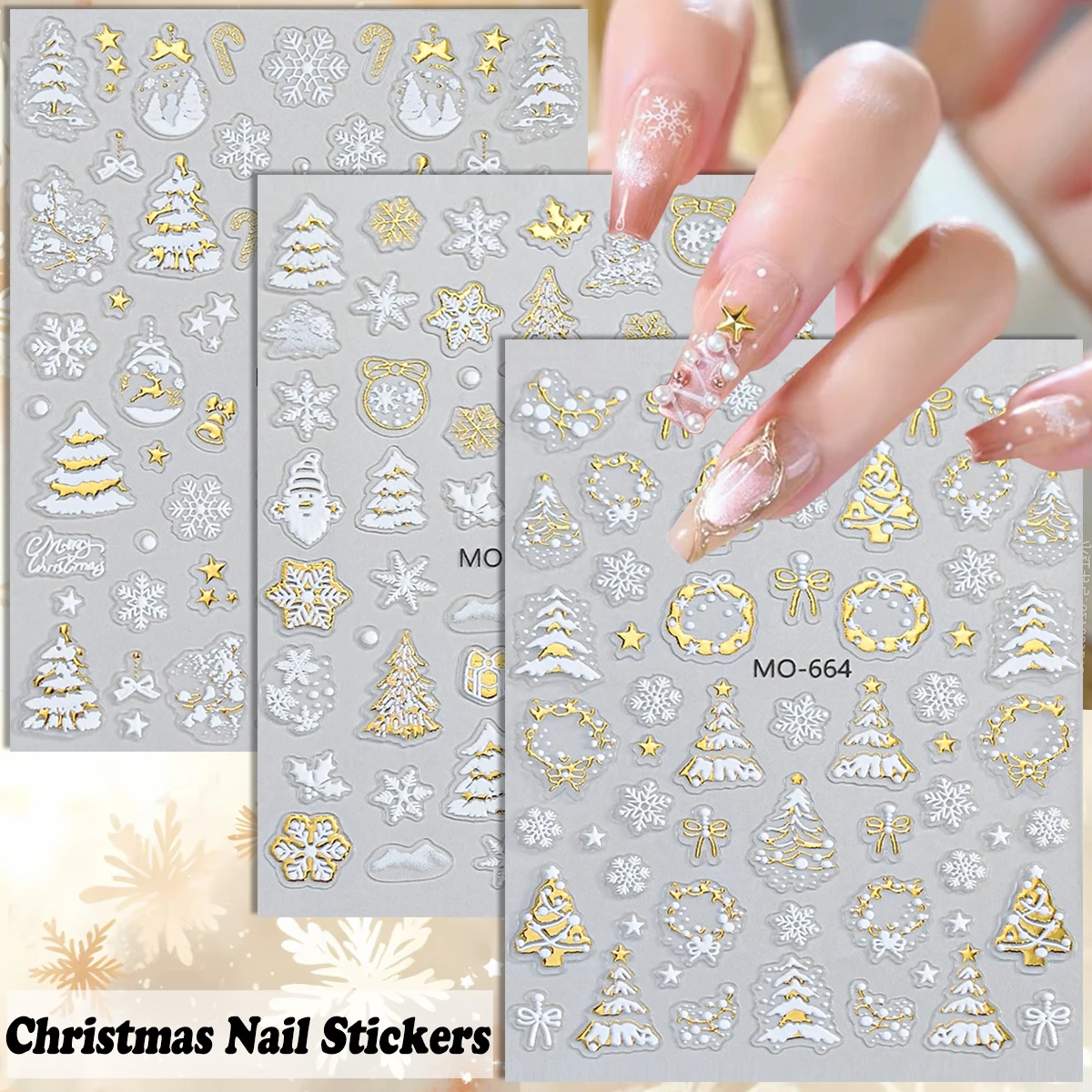 3/6 Sheets 5D Christmas Nail Art Stickers Gold Silver Snowflake Tree Santa Nail Decals Embossed Xmas Nail Stickers for Women DIY