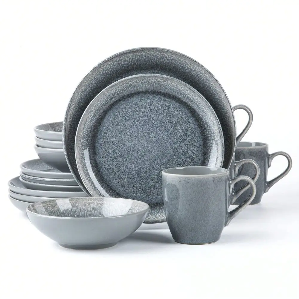 

Stoneware 16pc Double Bowl Dinnerware Set For 4, Dinner And Side Plates, Cereal And Mug Reactive Glaze Grey.Durable And Microwa