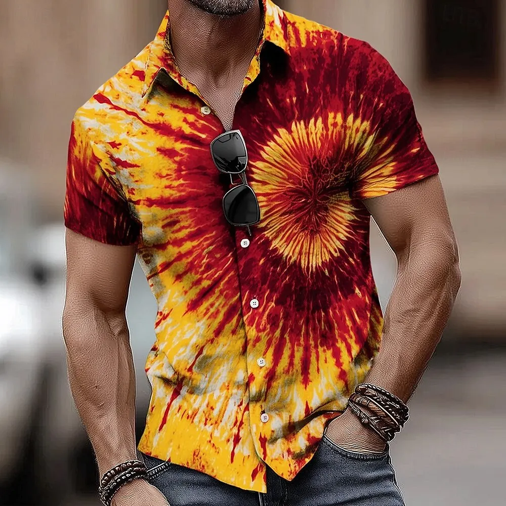 Men's 3D Print Hippie Tie Dye Shirt Turndown Collar Short Sleeve Button Up Casual Streetwear Blue Pink Red Purple for Summer