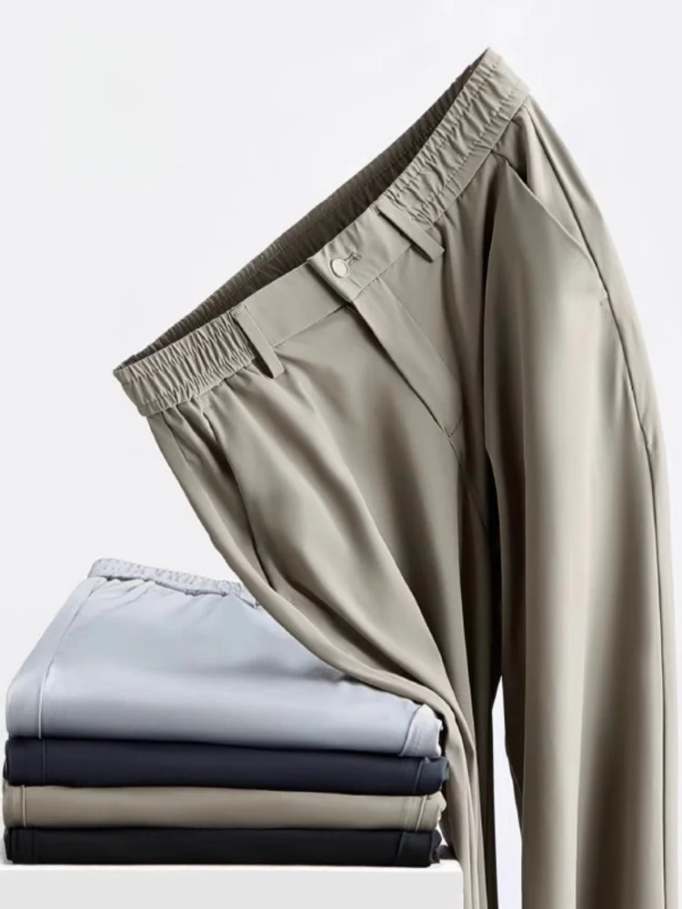 

Мужские летние тонкие эластичные свободные повседневные брюки из ледяного шелка, прямые, с эффектом драпировки, класса люкс, больших размеров