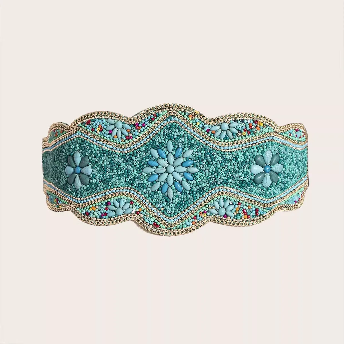 

New Ethnic Bohemian Women's Waist Cincher Adjustable Wide Belt with Intricate Beads, Shell Accents Jacquard Pattern