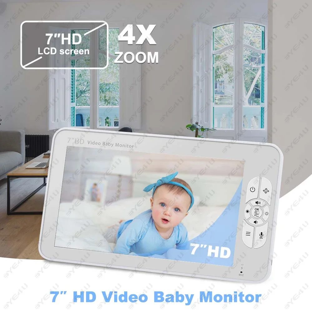 Video Baby Monitor 7 Inch Display Screen Pan Tilt 4X Zoom Camera Kids Security Protection Surveillance With Temperature Lullaby