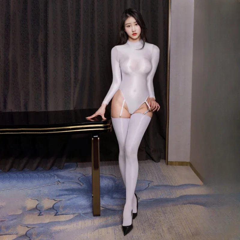 زيت الحصان الجسم جوارب طويلة الأكمام لامعة المثيرة الملابس الداخلية الرباط داخلية + جوارب مثيرة انظر من خلال كلوبوير النساء Catsuits