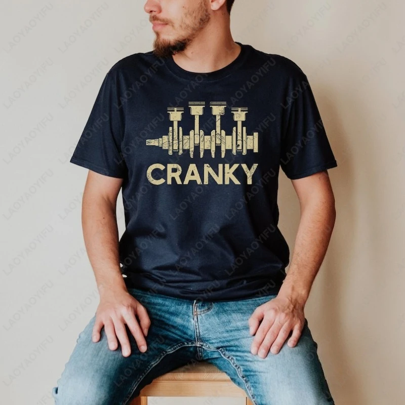 Cranky Car Engine Crankshaft Men T-shirt Funny Cars Lover Shirt Engine Guy Tees Mechanics Cotton Shirts Father's Day Gifts Tops