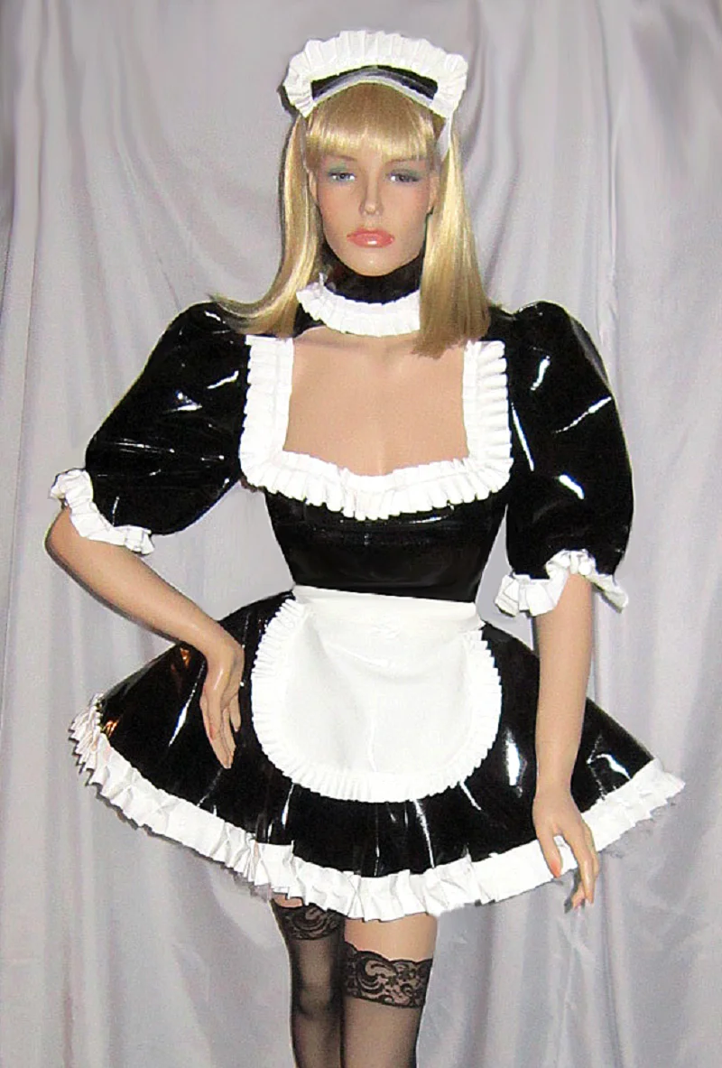 

Lockable Sissy Dress PVC Maid Cosplay Black Square Collar Apron Costume Party Dress Custom