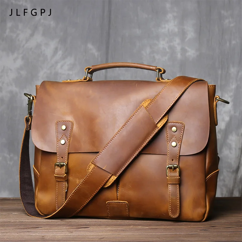 Jlfgpj Handtas Retro Gek Paard Leren Heren Echt Lederen Één Schouder Messenger Tas Hoofddeksel Laag Koeienhuid Aktetas