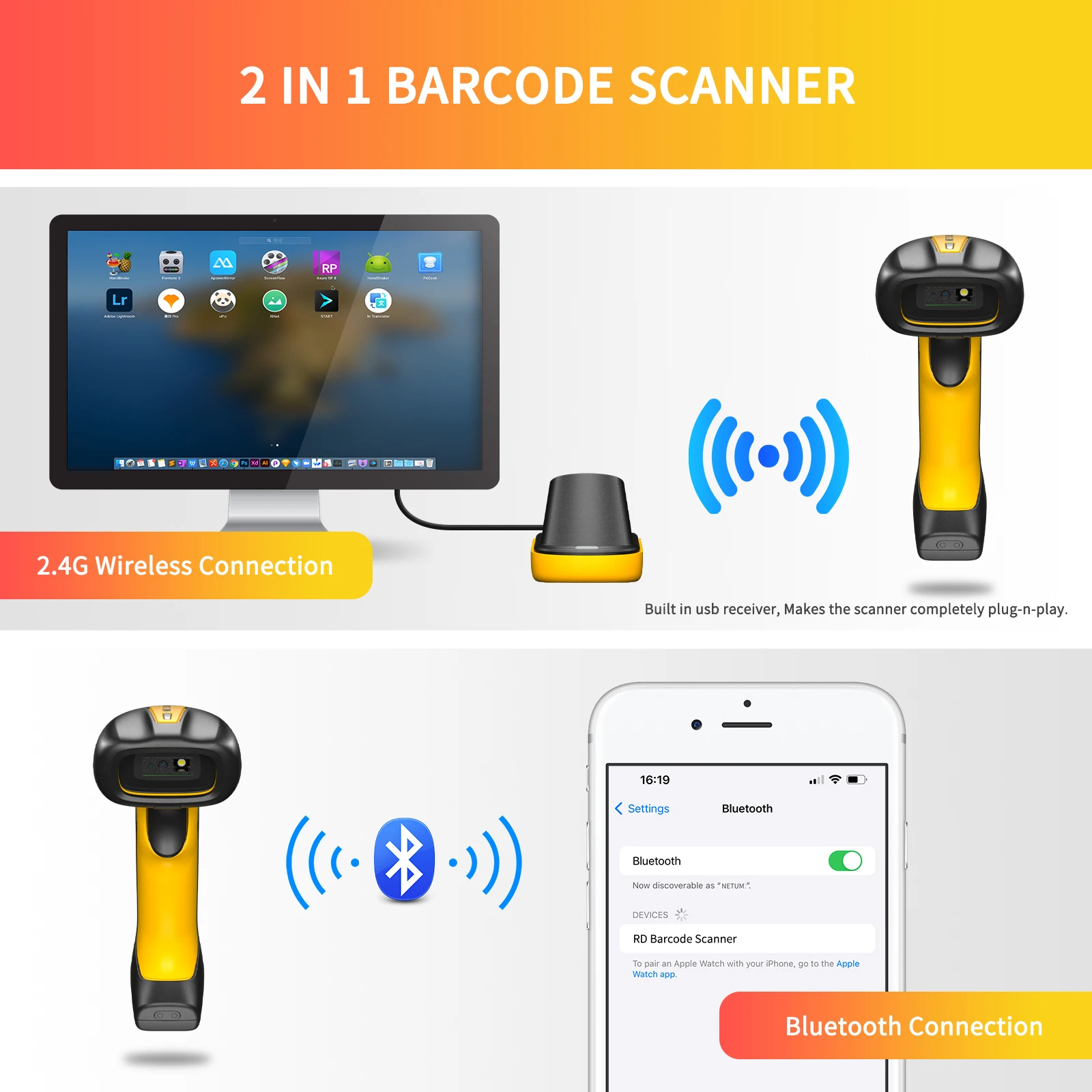 NETUM NT-1698W Handheld Wirelress Barcode Scanner AND NT-1228BL Bluetooth 1D/2D QR Bar Code Reader PDF417 for IOS Android IPAD