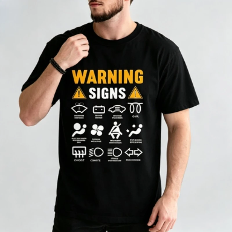 Men Standard Fit  Crew Neck Tee Warning Signs Funny Car Dashboard Graphic Print Short Sleeve Casual Male Gift T‑Shirt