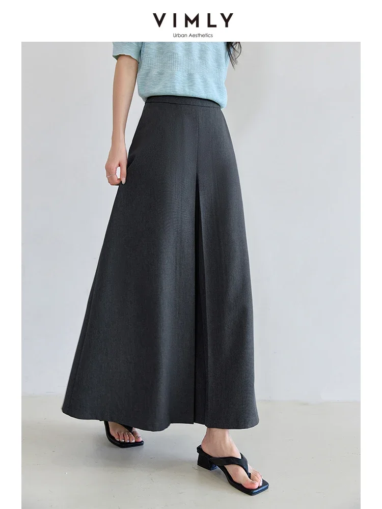 

VIMLY Women Simplicity Solid Color Elegant Loose Skirt 2025Spring Casual Fashionable Thin Pleated Office Lady A-line Long Skirt