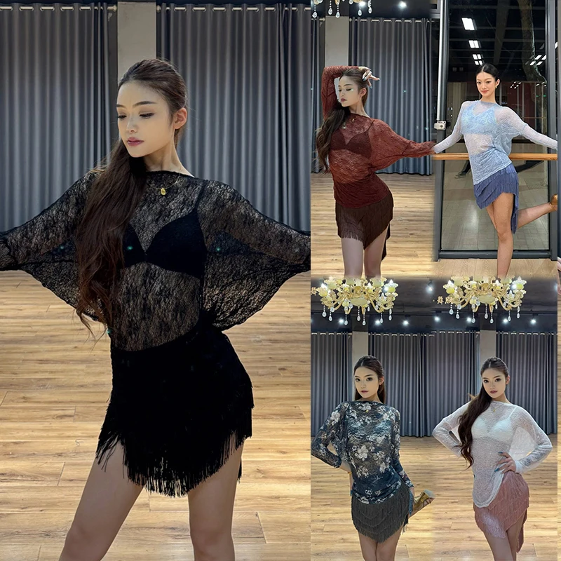 

6 Colors Women Latin Dance Wear Salsa Practice Clothes Sexy Backless Shirt Tassel Skirt Set Adult Training Clothes VBH1583