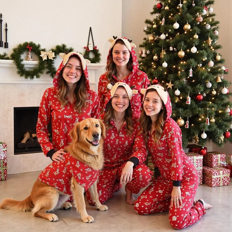 

Family Christmas Pajama Matching Sets Xmas Cosplasy Costume Holiday Sleepwear Elk Print Cute Soft Jumpsuit Hooded Zipper Outfit