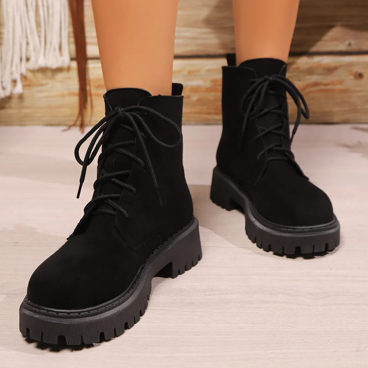 

Classic Black Faux Suede Boots Women Autumn Winter 2025 Lace Up Platform Ankle Boots Woman Round Toe Warm Booties Mujer