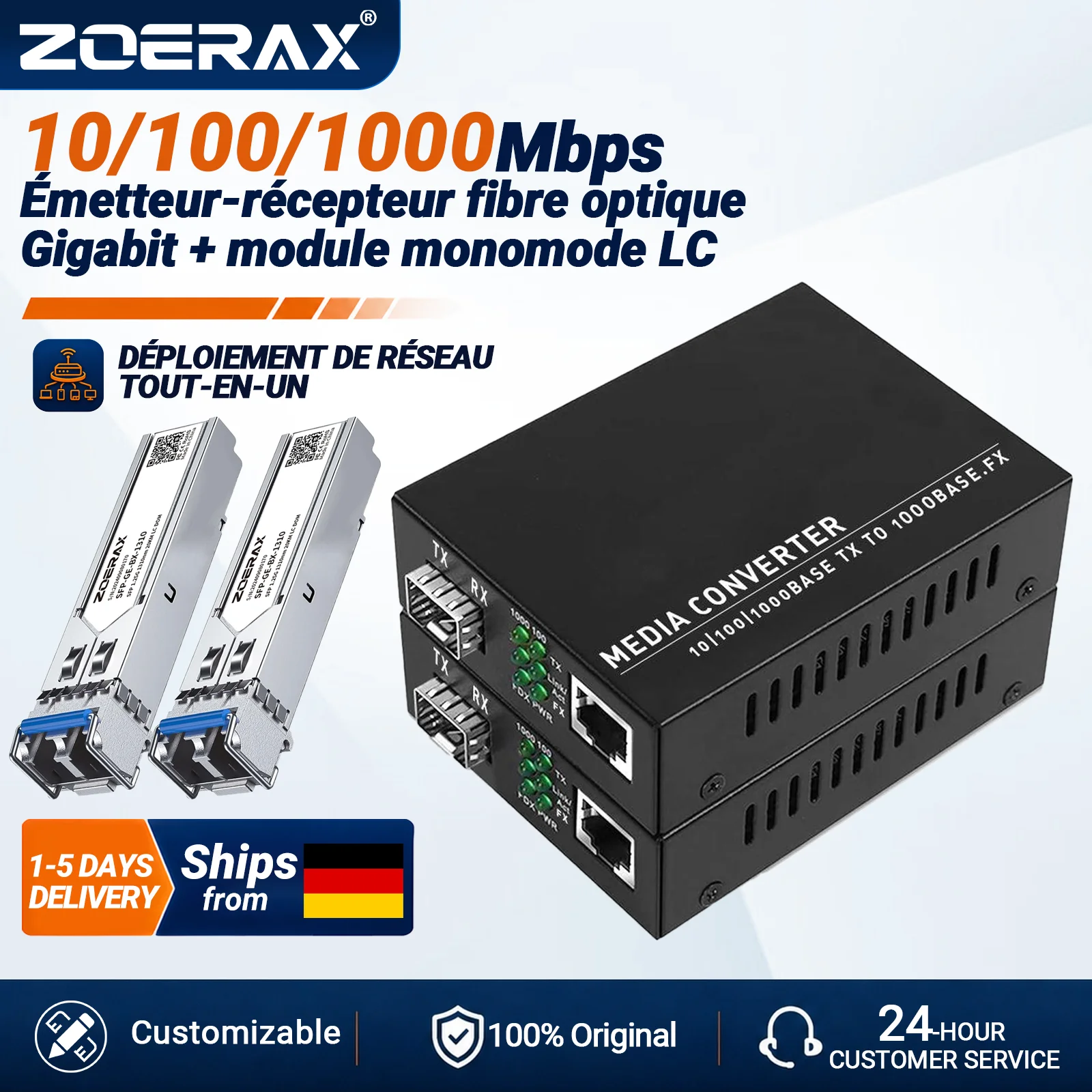 Convertisseur de média ZoeRax Gigabit SFP vers RJ45, module émetteur-récepteur Ethernet à fibre optique monomode LC 1,25 Gbit/s