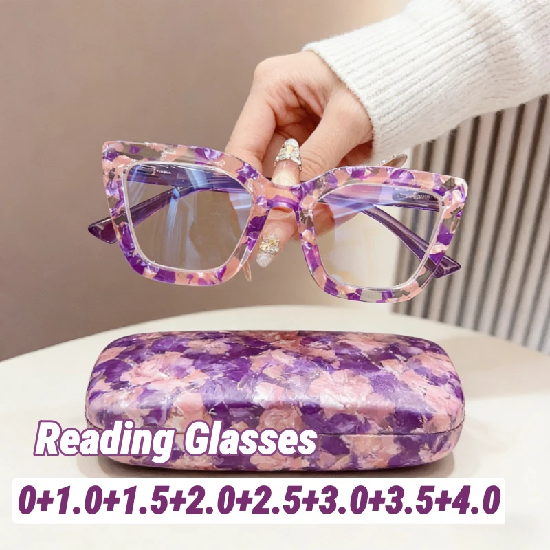 

Women's Oversized Square Presbyopia Glasses Classic Floral Pattern Frame HD Blue Light Blocking Glasses with Plus Diopters