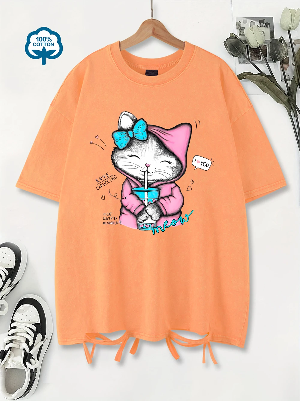 

Summer Washed T-Shirt Women Cotton Cats Like Cold Drinks Prints Tops Vintage O-Neck Oversized Streetwear Fashion Womans Clothes