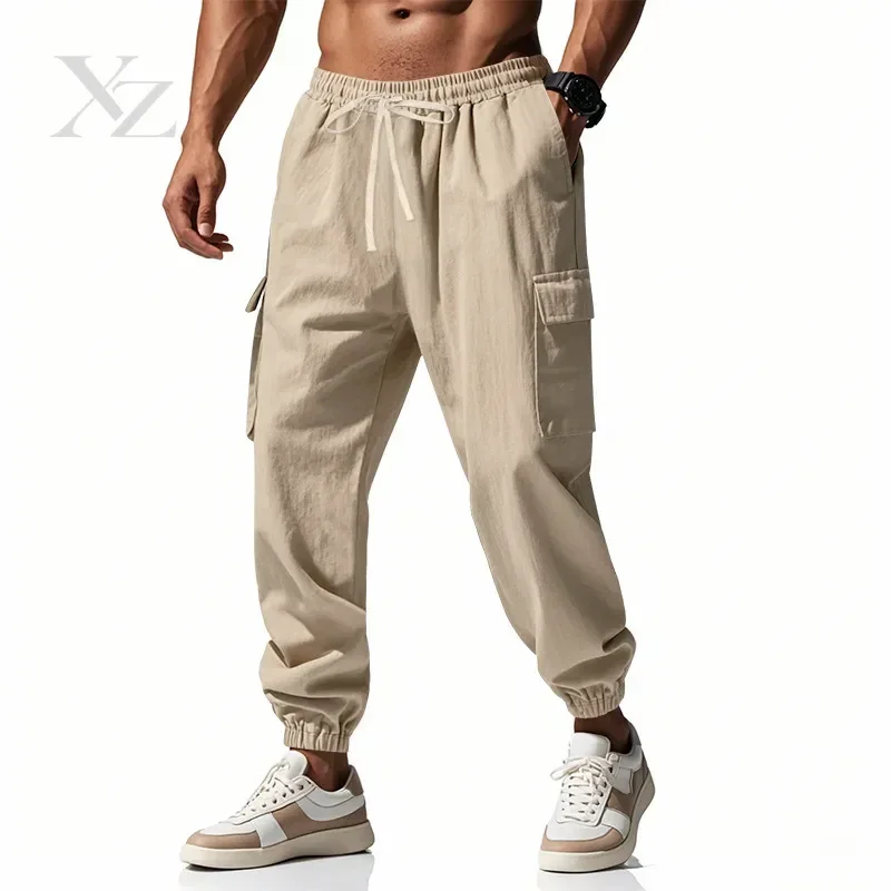 2025 {} Men's Cotton Linen Multi Pocket Ankle Pants, Loose Drawstring Workwear Sports Trend