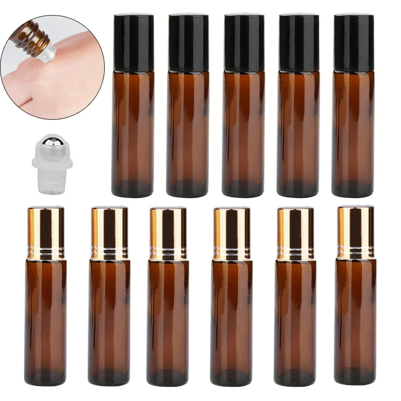 24pack 10ml Empty Amber Thick Roll On Glass Bottles with Stainless Steel Roller Ball For Essential Oil Refillable Bottles Travel