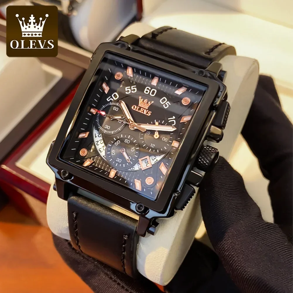 OLEVS 9919 Quartz Genuine Leather Strap Watch For Men, Waterproof Large Dial Luxury Sport Men Wristwatches Luminous Chronograph