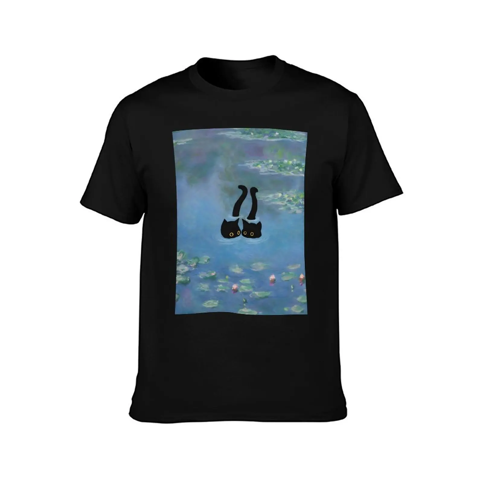 Two Cat Print Monet Waterlily T-Shirt, Summer Casual Cotton Tee, Oversized Streetwear Tops, Vintage Graphic Print, 100% Cotton