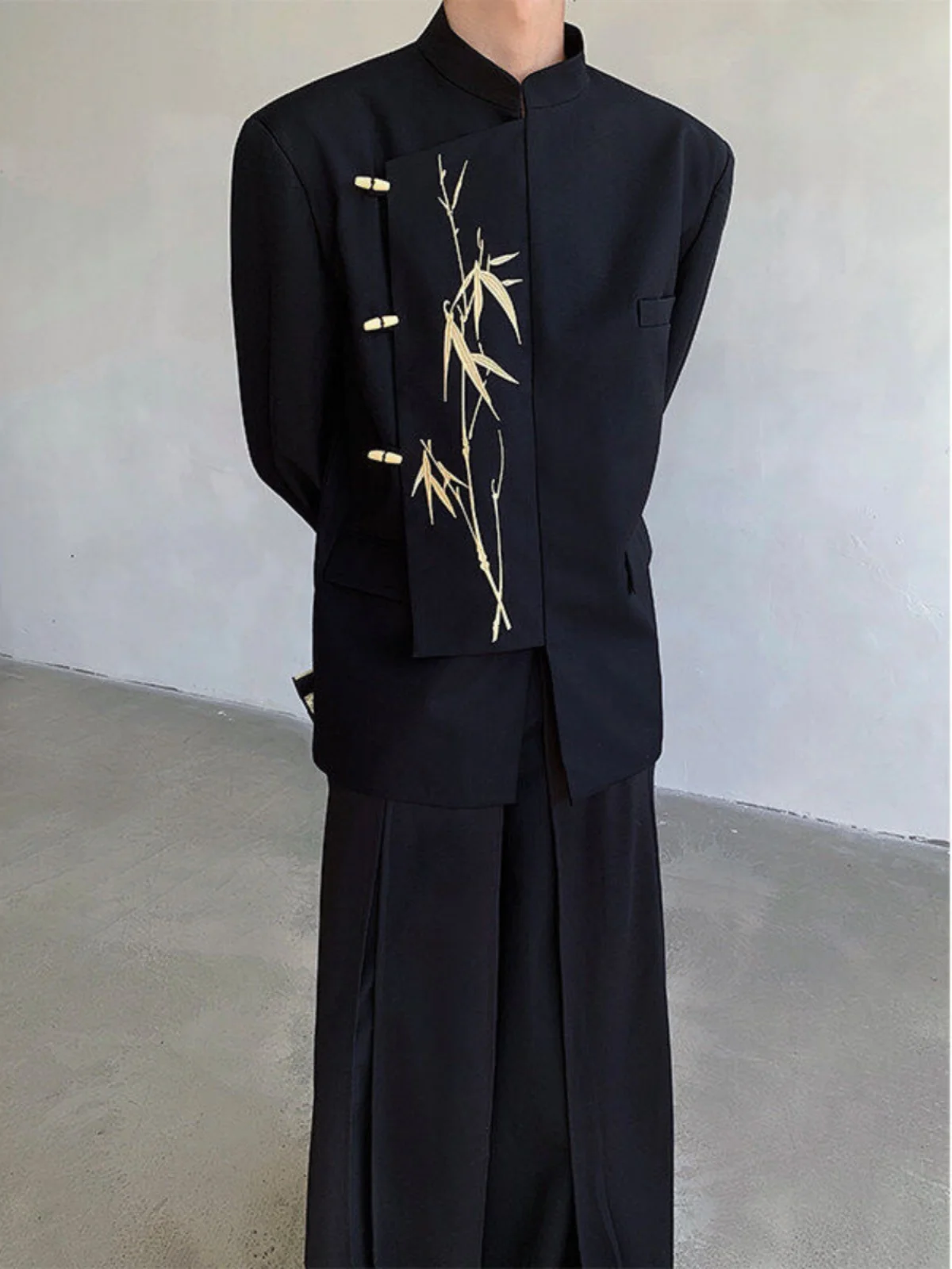 

New Chinese Sle Gold Bamboo Embroidery Stand Collar Men's Casual Suit Outerwear Stand Fit Polyester Fabric