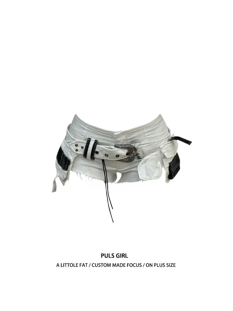 

plus Size American Style Hot Girl White Functional Belt Design Denim Shorts Women Summer New Frayed Wrap around Hot Pants