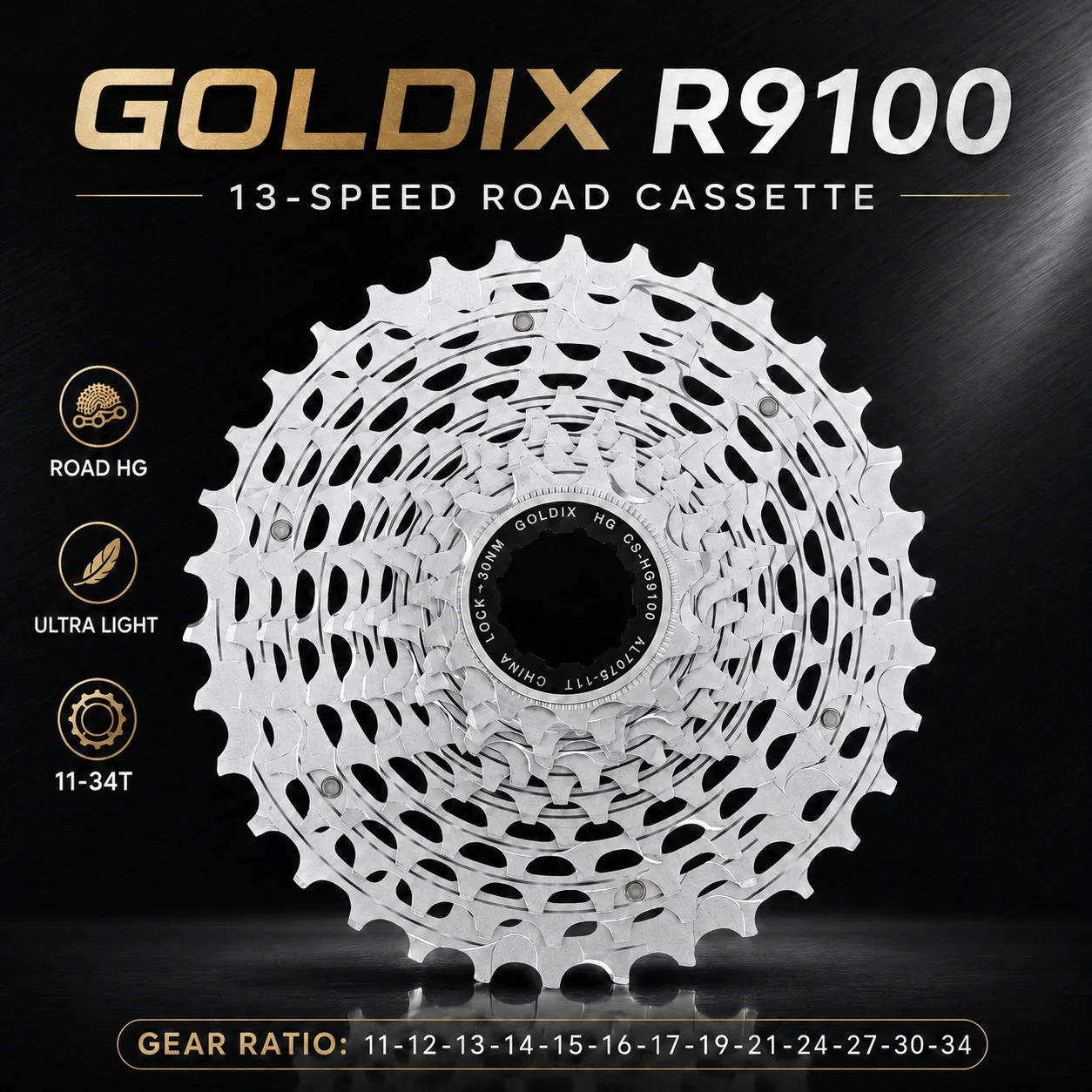 GOLDIX R9100 13-Speed Road Bike Cassette 11-34T Ultra-Light 210g CNC One-Piece Steel Flywheel HG Freehub