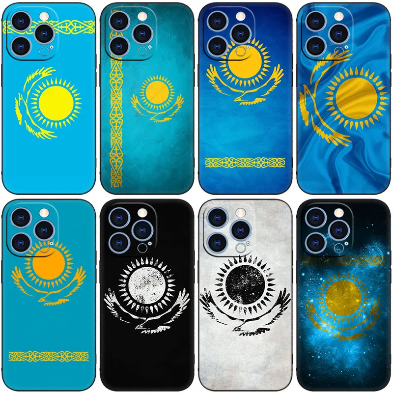 Kazakhstan flag Phone Case For Apple iPhone 14 13 12 Mini 11 Pro XR X XS MAX 6S 7 8 Plus 5S SE 2020 2022 Black Cover