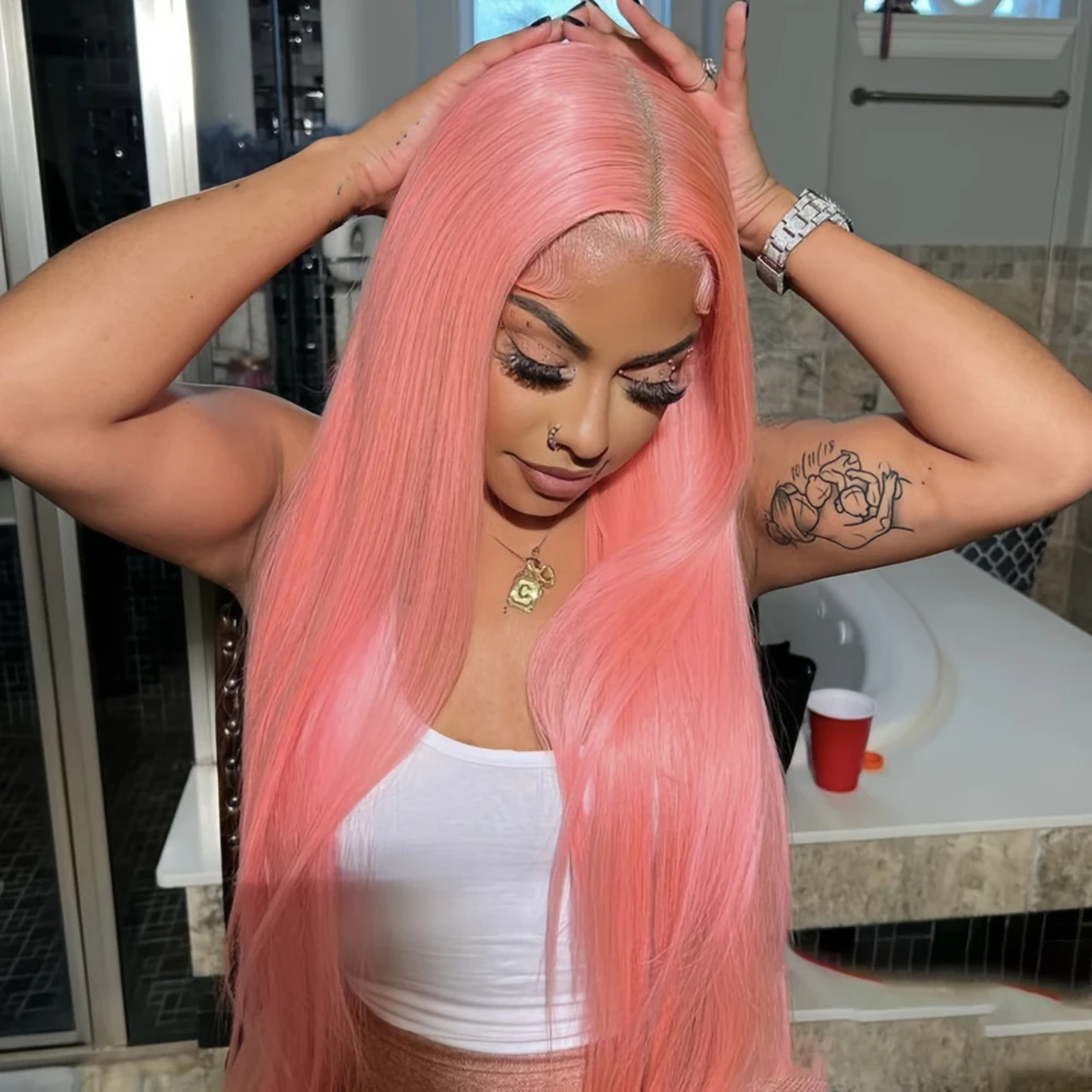 30 36 inch Pink Transparent Lace Front Wig Human Hair 13x6 Lace Frontal Wigs For Women Long Straight Colored Human Hair Wigs