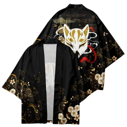 Fox Mask Print Fashion Beach Shirts Traditional Japanese Haori Cardigan Tops Plus Size 4XL 5XL 6XL