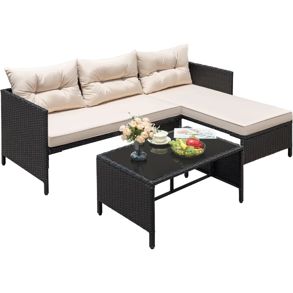 مجموعة أثاث الفناء المكونة من 3 قطع من Greesum أريكة مقسمة من الخيزران مع وسائد وطاولة قهوة للفناء والحديقة والشرفة، P