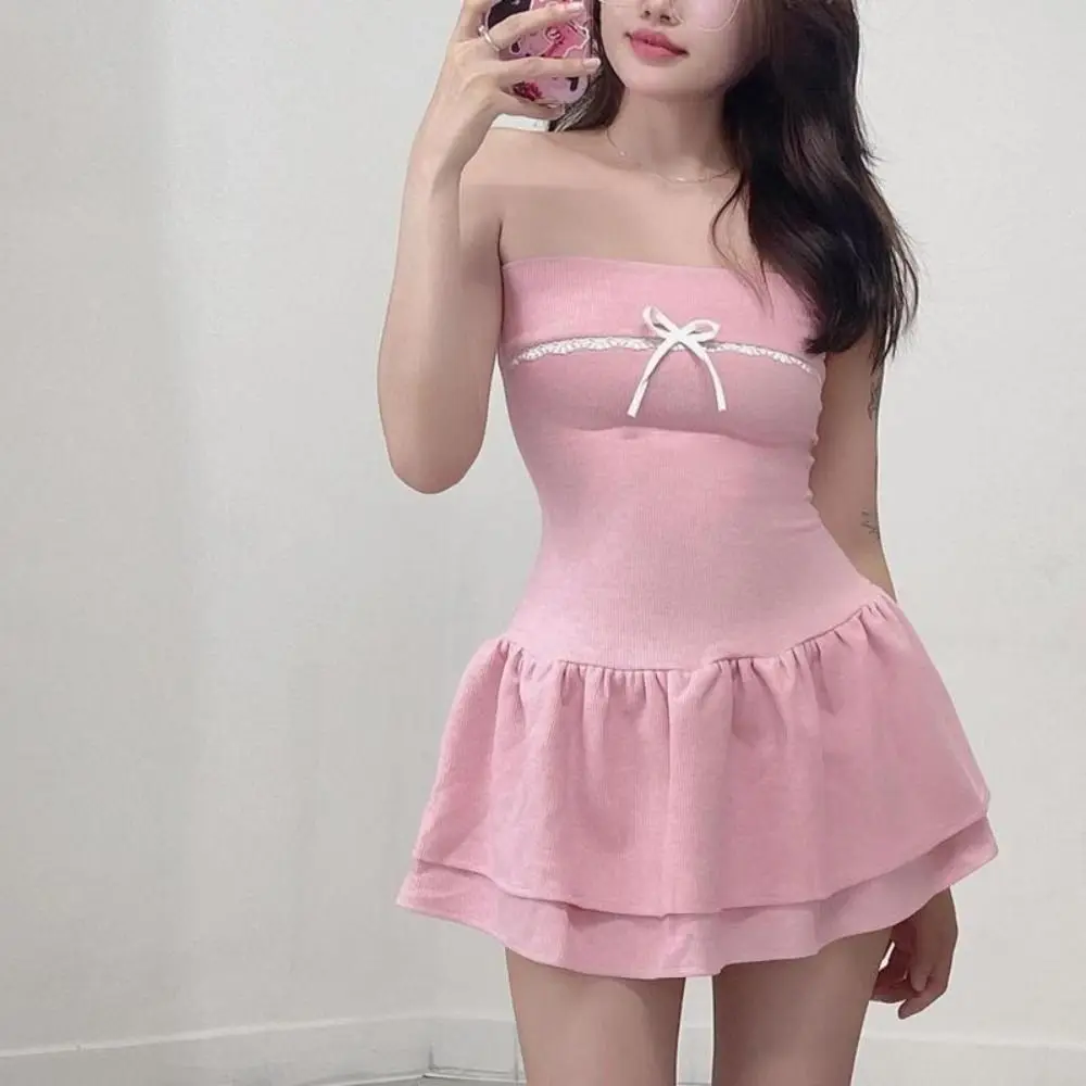 Bowknot Strapless Dress Fashion Contrast Color Stitching Tube Dress Slim Waist Ruffle Short Skirt