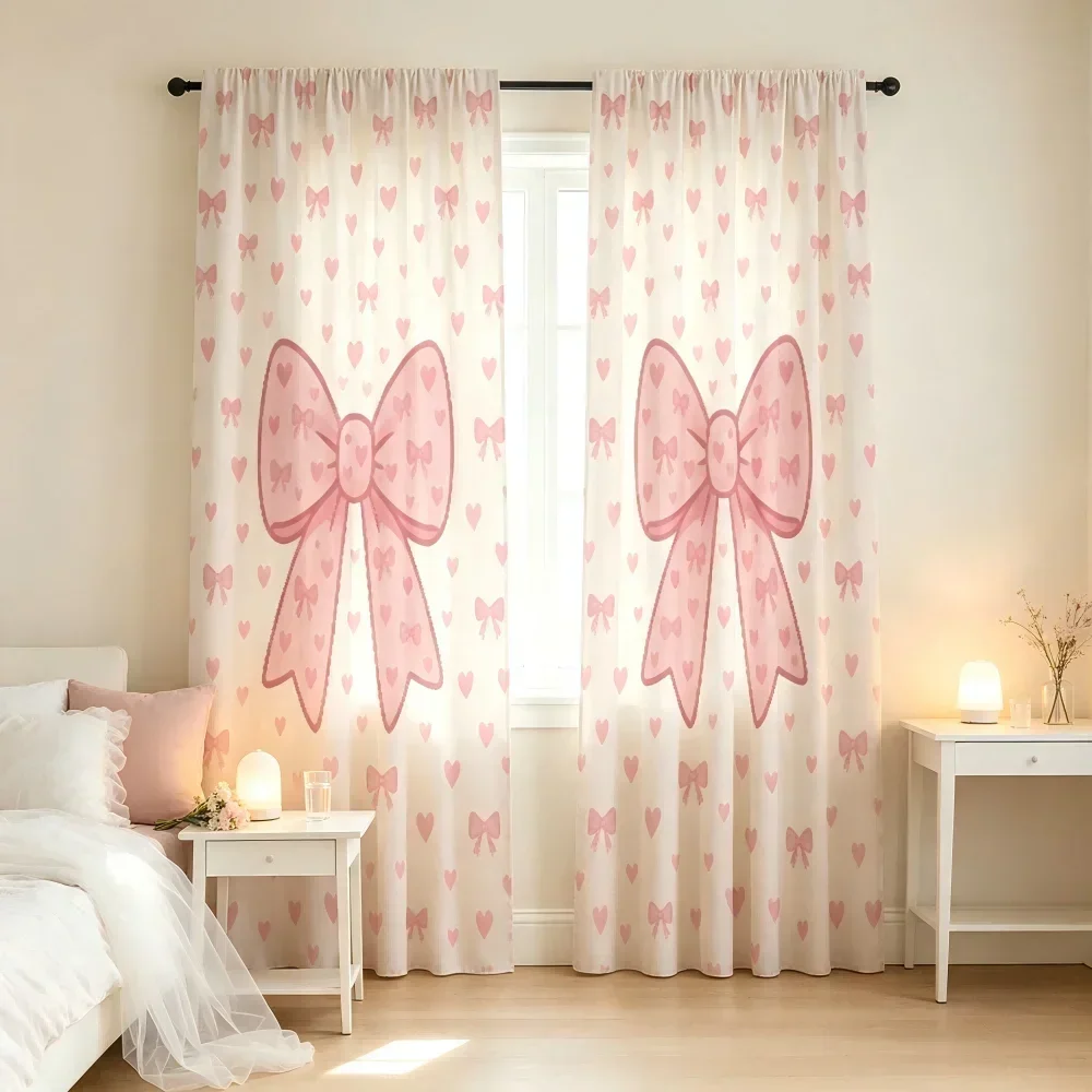 2PCS Pink Bow Heart Pattern Print Curtains, Sweet Cute Kawaii Style Window Drapes, Rod Pocket for Bedroom Living Room Home Decor