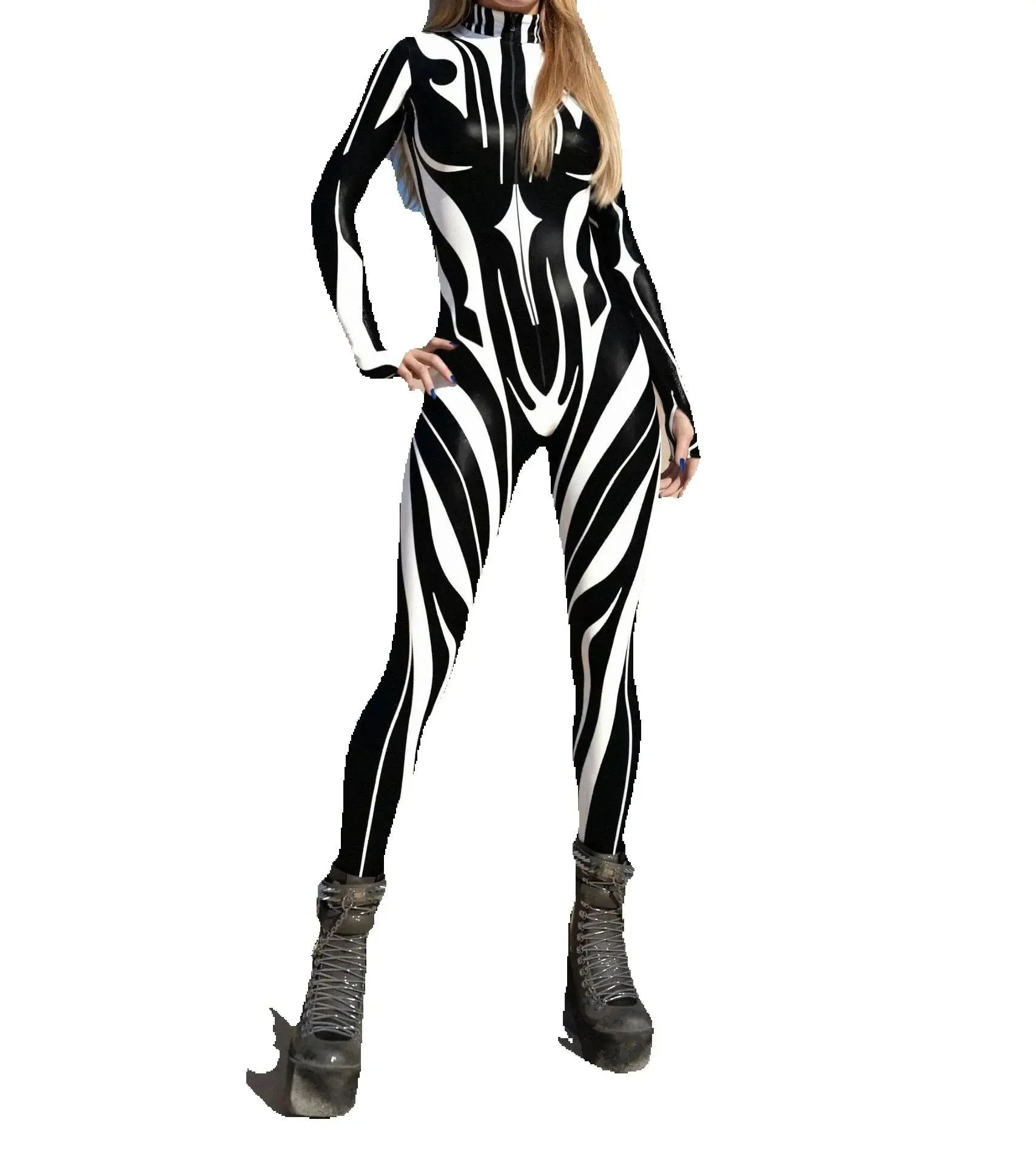 

AP Cyber Black White Art Streak Jumpsuit Holiday Party Cosplay Costume Halloween Shows Women Bodysuit Performance Zentai Suit